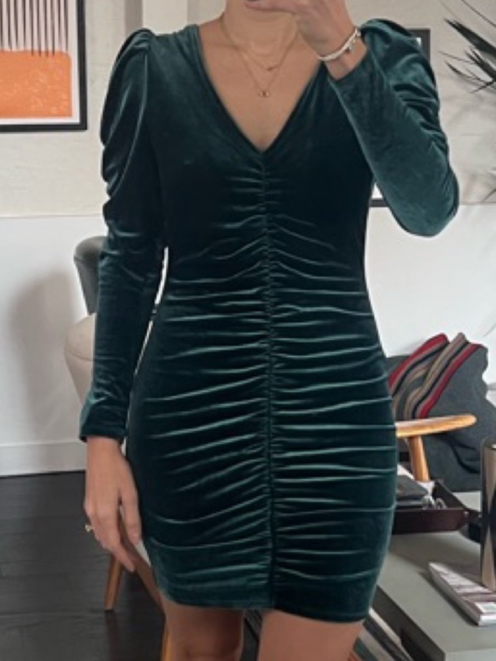 Leith Emerald Green Velvet Ruched V-Neck Dress